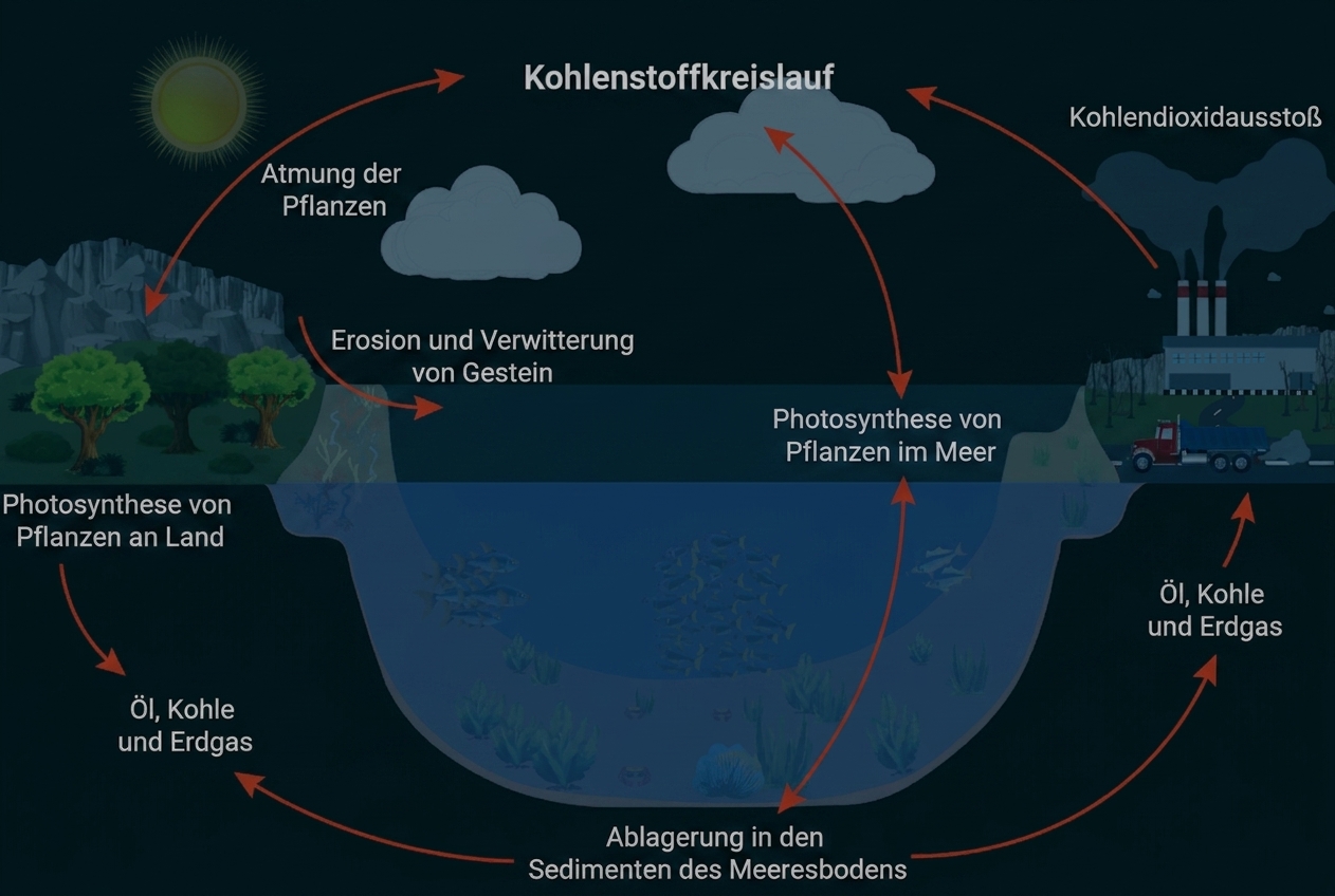 Kohlenstoffkreislauf: Sonne, Bäume, Meer, Sedimente, Fabrik und Pfeile.